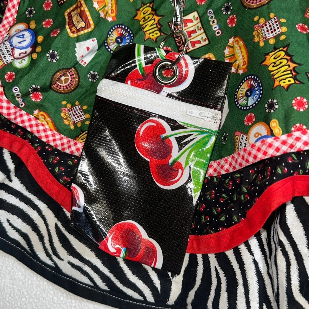 Sugar's Secrets Retro Ruffle Apron Cherry Zebra Novelty Print‎ Detachable Pouch